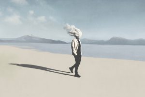 surrealistisch beeld van men met wolk als hoofd