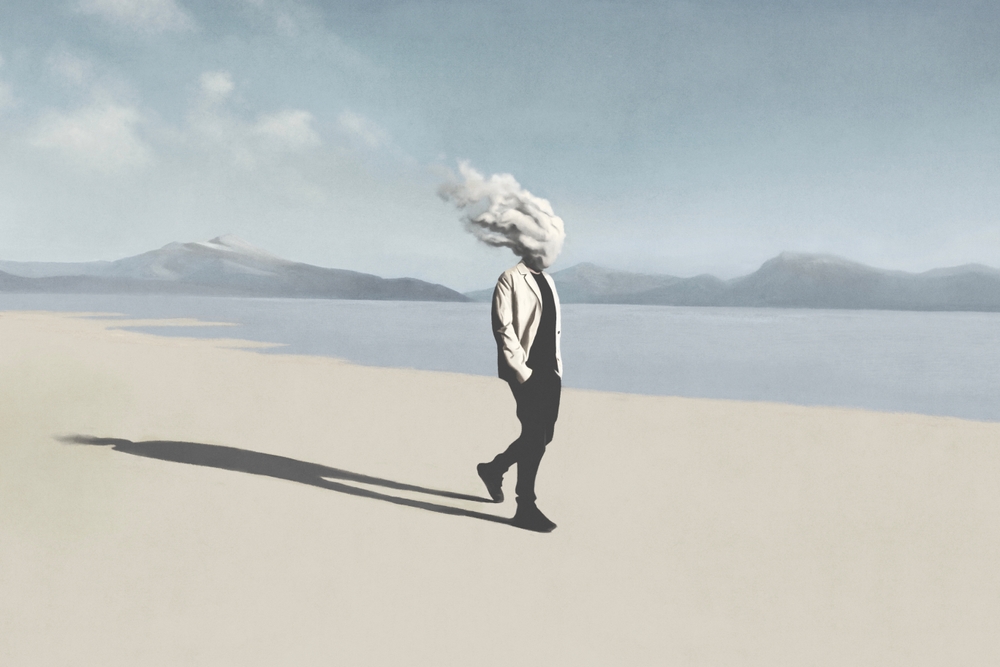 surrealistisch beeld van men met wolk als hoofd